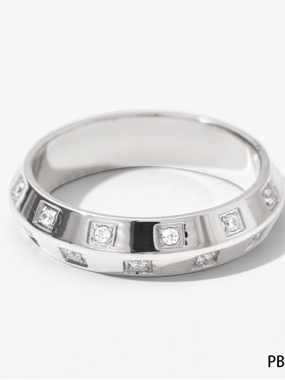 Polished Silver Band Ring with Embedded Crystals - Women’s Ring